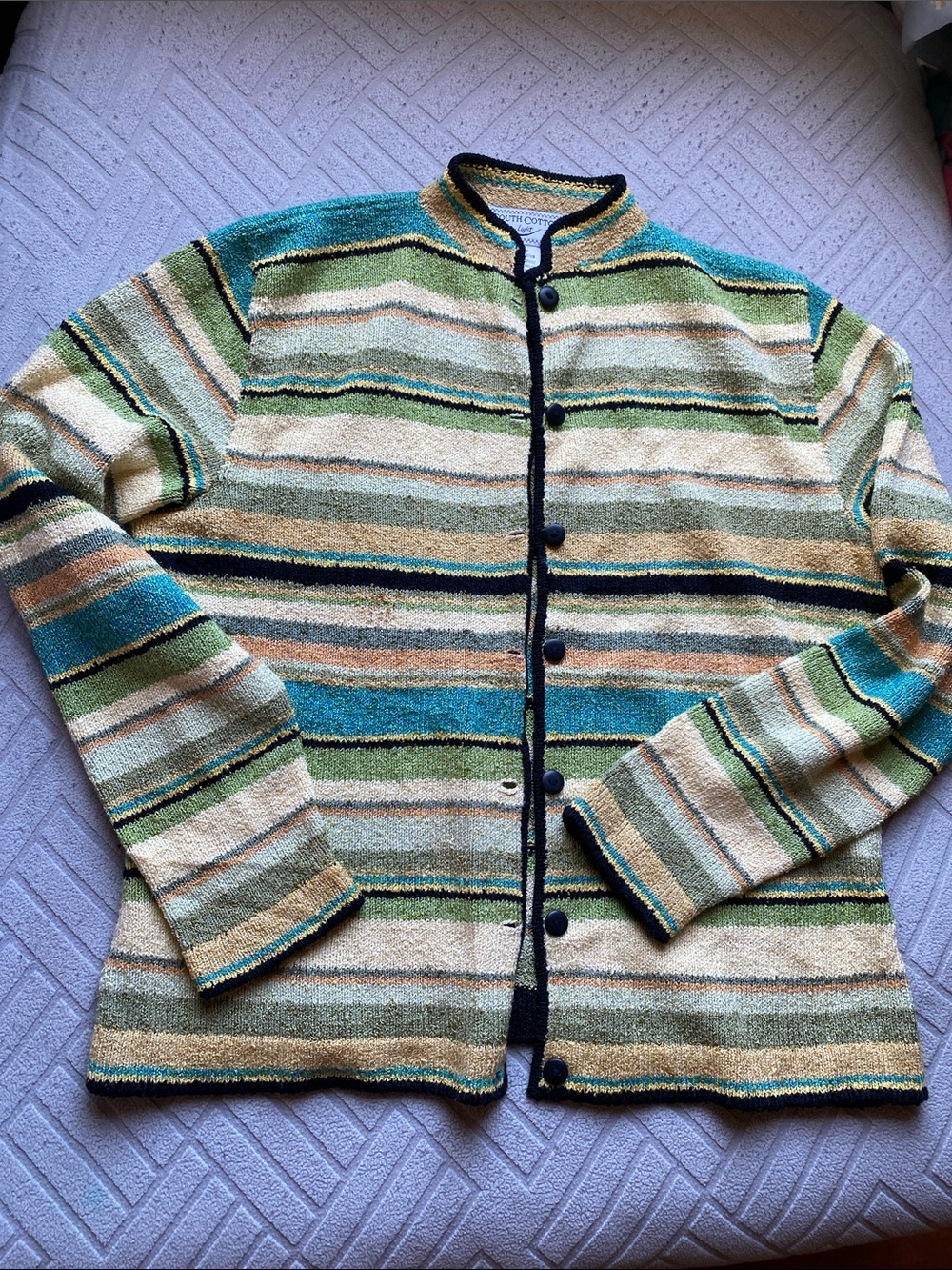 South Cotton Grandma Core Striped Green & Blue Men's Button Cardigan